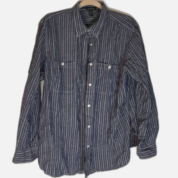 Lauren Jeans Co Shirt 2X Women's Blue White Pinstripe Lng Slve Business Casual - Picture 1 of 4
